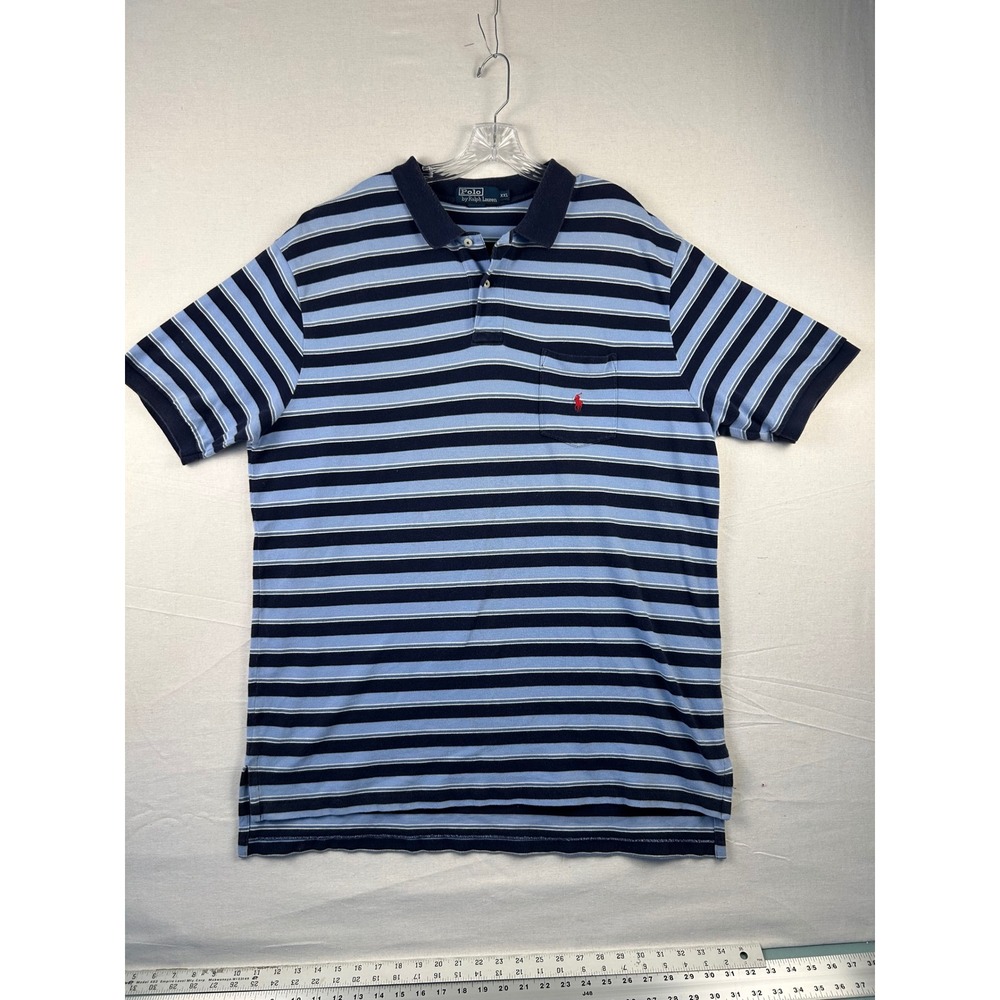 Polo Ralph Lauren Mens XXL Blue Striped Short Sleeve Pocket Polo Shirt Cotton